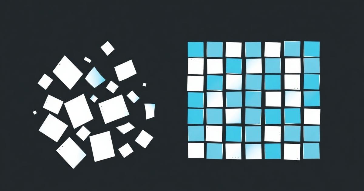 Abstract illustration of scattered notes resolving into an organized grid of aligned tiles