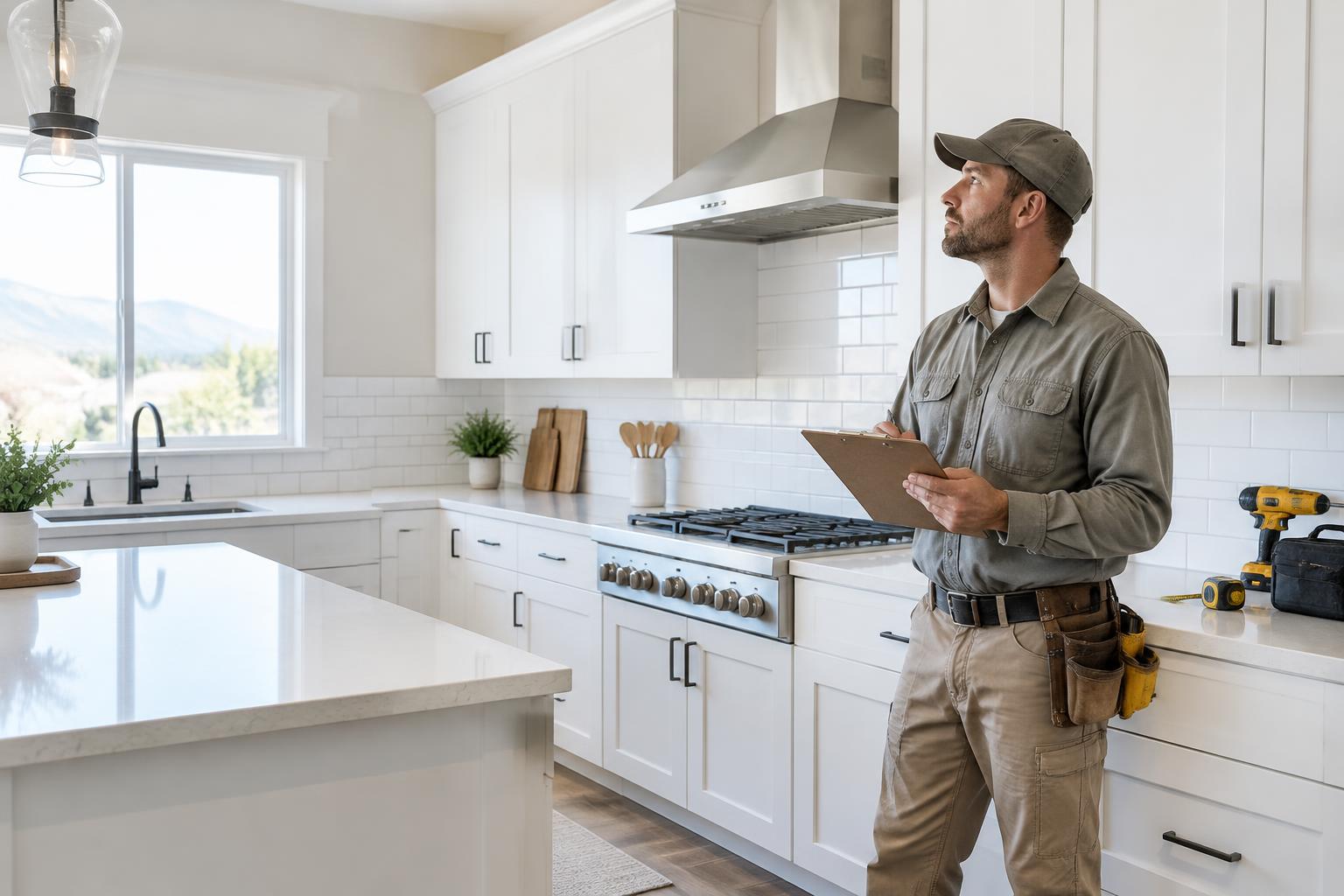 Illustration of a contractor reviewing a completed kitchen renovation